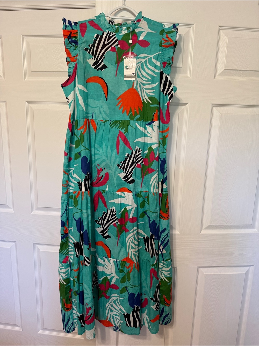 Mud Pie Turquoise Tropical Print Maxi Dress with Multicolor Accents
